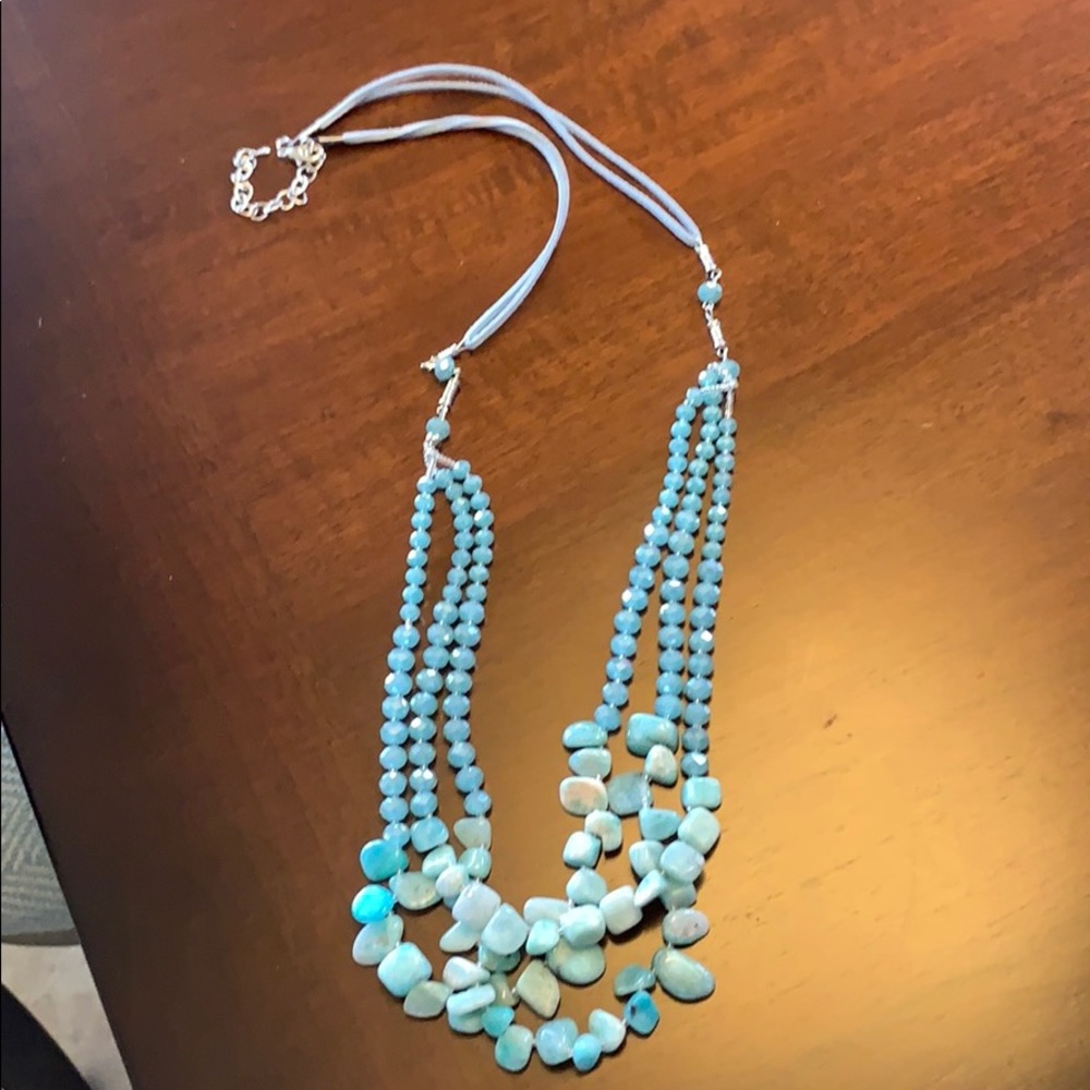 Long necklace with blue and turquoise stones